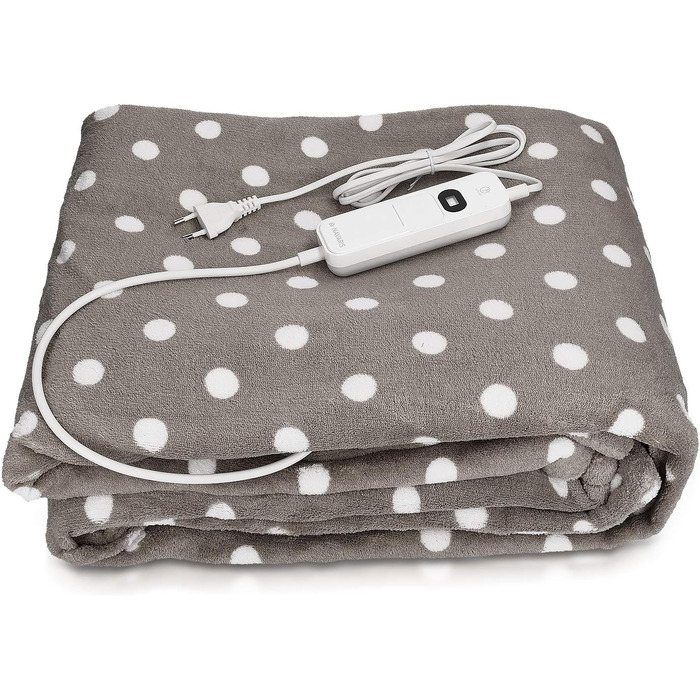 Електрична ковдра Navaris XXL 180x130 см з 3 рівнями нагріву, автовимкненням та можливістю прання. Тепла та м'яка ковдра з точками, темно-сірого кольору.