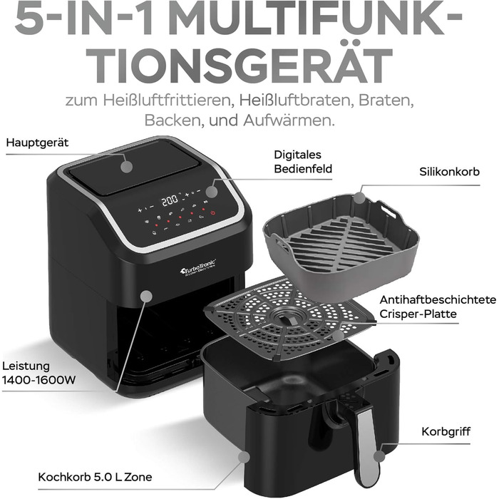 Цифрова аерофритюрниця XL 5 л, 10 програм, без олії, 100–200°C
