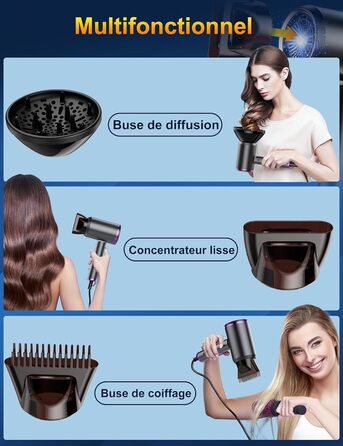 Фен Föhn 2400W з іонізацією, складний, для професійного та домашнього використання. Швидка сушка, гаряче/холодне повітря, мотор AC, дифузор, сумка (Сіро-фіолетовий)