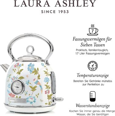 Laura Ashley Elveden Wireless Electric Kettle - 1.7L Stainless Steel, 2.2kW Fast Boil, Temperature Display & Overheat Protection