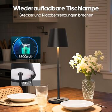 Світлодіодна настільна лампа 3-в-1 бездротова з акумулятором 5500mAh, регульована висота, димування, 3 кольори світла - USB акумуляторна настільна лампа металева водонепроникна сенсорна для дому та вулиці, чорна (набір 2 шт.)