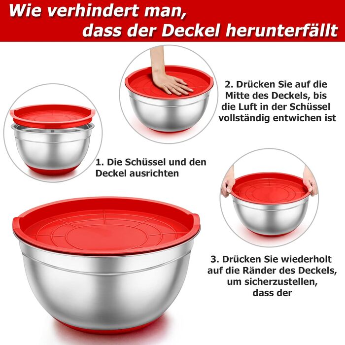 TEAMFAR Mixing Bowl Set, 7-Piece Stainless Steel Bowl Salad Bowl Set with Airtight Lids and Silicone Bottom, Nesting & Dishwasher Safe, 0.7L / 1.2L / 1.5L / 2.5L / 2.8L / 3.5L / 6.5L, red