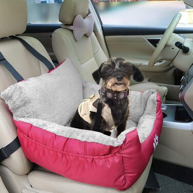 Автокрісло для собак та котів Fareyy - зручне та безпечне автоліжко для маленьких тварин, з підсумком та страхувальним ремінцем, водонепроникне, плюшеве, червоне