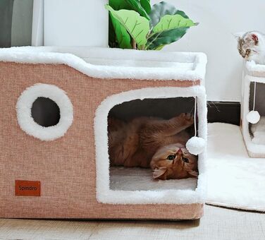 Spindro Cat Cave Cat Bed Large, Cat House Indoor Cat Sleeping Place with Removable Sherpa Cat Cushion and Hanging Toy, Cat Bed, Light Grey 42x42x33cm (2 level (42cmx42cmx33cm), Pink)