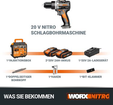 WORX NITRO WX352 Акумуляторний ударний дриль-шуруповерт Set 20V - безщітковий двигун, 60Nm, 2-швидкісна коробка передач, LED-підсвічування, комплект з 2 x 20V 2Ah акумуляторами та 2A зарядним пристроєм