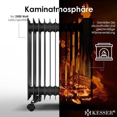 Електричний масляний радіатор KESSER® 2500W з вентилятором, 11 ребер, таймер, термостат, захист від перегріву, білий/чорний