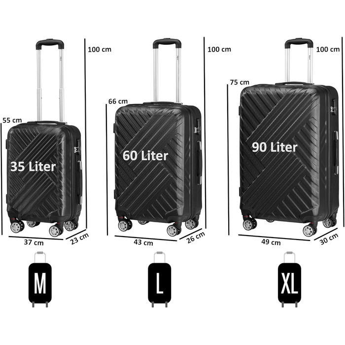 Набір валіз Zelsius 3 шт., чорний | ABS, з кодовим замком, подвійними колесами та внутрішнім роздільником | Ручна валіза, набір валіз, ролер, велика валіза, багаж
