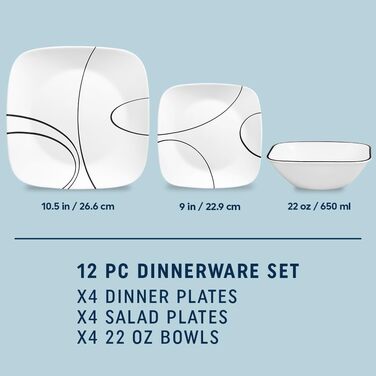 Corelle Tafelservice 18-teilний чорно-білий для 6 осіб, стійкий до сколів, включає великі тарілки (26 см) та салатові/гарнірні (17 см), Simple Lines