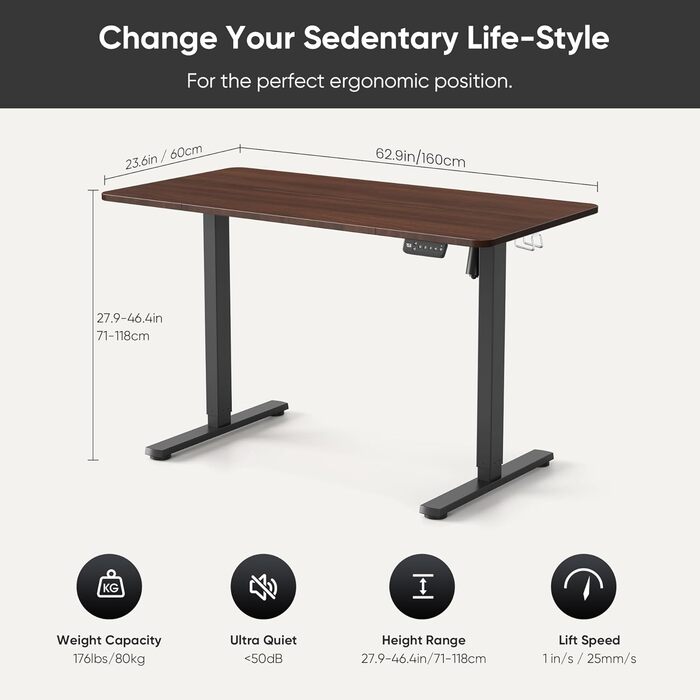 VOSATRON Electric Standing Desk 160x60cm - Height Adjustable Desk with Memory Control & Anti-Collision Technology, Wheels, Joining Board, Black Frame/Black Tabletop