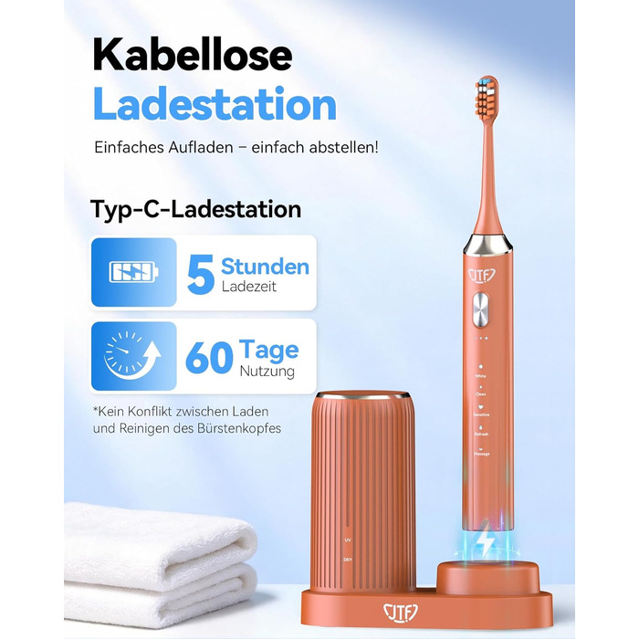 Електрична звукова зубна щітка JTF з УФ-дезінфекцією та сушінням, бездротова зарядка, 5 режимів чищення, 6 насадок, стаканчик для полоскання, акумуляторна для дому та подорожей (Помаранчева)