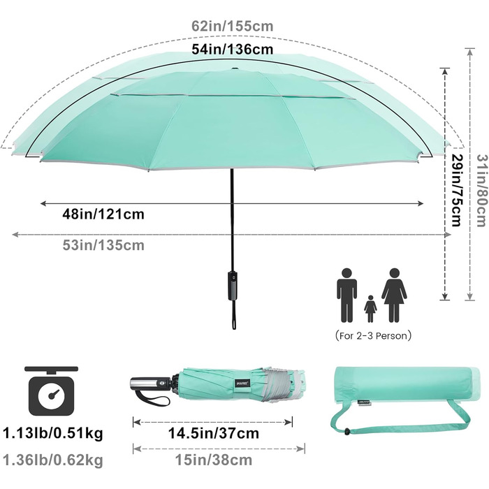 G4Free Гольф-парасолька великого розміру, 54 дюйми, подвійний купол, 10 ребер, автоматичний, синій