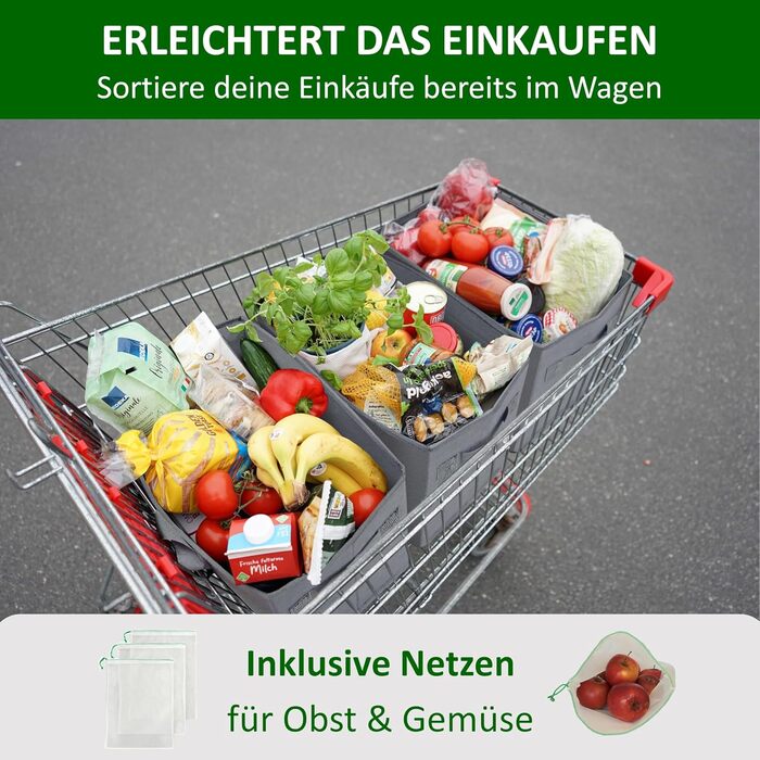 Large Folding Shopping Bags 3-Pack & Fruit Net - Sturdy Large Folding Shopping Basket with Reinforced Bottom - Ideal Shopping Bag for Shopping Carts & Trunk - 80 L (Gray)
