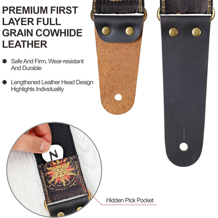 Гітарний ремінь Nefelibata Vintage з вишивкою, з шкіряними кінцями для бас-, електро- та акустичної гітари, з безкоштовною застібкою, 2 застібками та 4 медіаторами (Сонце та Місяць)