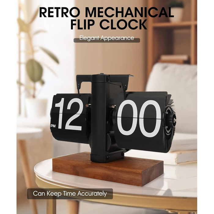 Yusat Retro-Flip Clock, Vintage Table Clock, digital, automatic flipping, battery-powered, mechanical desk clock, black, ideal for home, office, room decoration (Battery