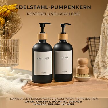 Набір дозаторів для мила та рідкого миючого засобу MaisoNovo: скляні дозатори з бамбуковою помпою, 2 шт. (500 мл)