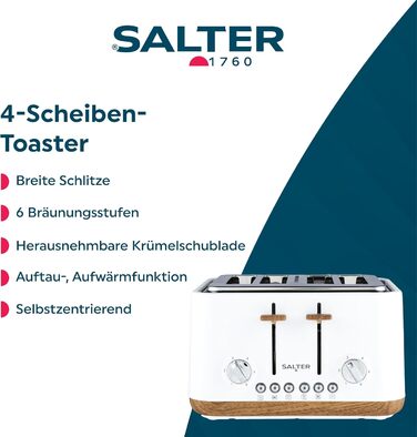Тостер Salter Toronto 1.7L з функцією скороварки, 360° обертання, фільтром від накипу, дерев'яним дизайном, бездротове підключення, захистом від перегріву, автоматичним вимкненням та контролером Otter (білий)