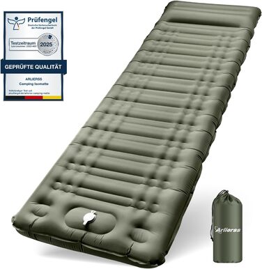 Arlierss Self-Inflating Camping Sleeping Pad with Foot Pump & Pillow - 12cm Thick, Ripstop, Portable, Outdoor, Hiking, Travel, Beach - Army Green
