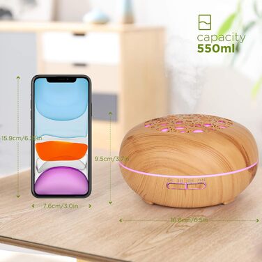 Аромадифузор WD&CD 550 мл з пультом, ультразвуковий зволожувач повітря, дифузор для ефірних олій з 7 кольорами LED, автоматичне відключення, білий (з імітацією текстури дерева)