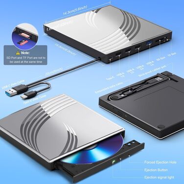 Зовнішній CD/DVD-RW привід USB 3.0, ультратонкий DVD-плеєр для ноутбука з 4 USB-портами, картридером SD/TF та роз'ємом Type-C, сумісний з Windows, macOS, Linux