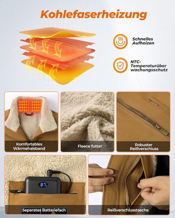 Електрична гріюча жилетка для чоловіків з Powerbank 16000mAh, 7,4V, 9 зон обігріву, канвас, фліс, регулювання температури, khaki XXL