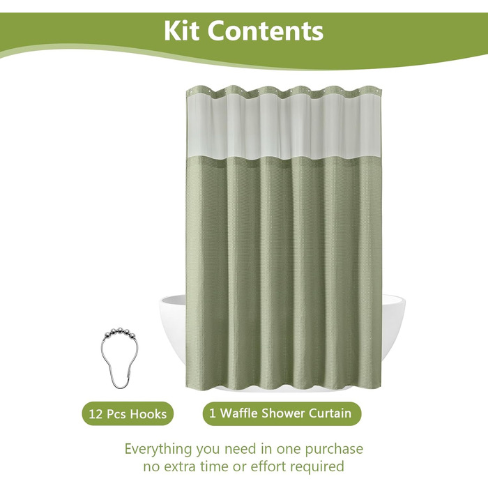 Шторка для душу з тканини Вафле, зелена, 183x183 см, з гачками, водонепроникна, для готелю