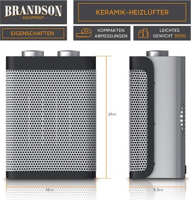Електричний обігрівач Brandson: тихий, енергоефективний керамічний нагрівач з термостатом та захистом від перегріву. Ідеально для ванної, спальні, вітальні. Сертифікат GS безпеки.