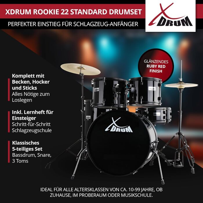 XDrum Rookie 22' барабанний комплект Standard Black - ідеальний для початківців, стильна фурнітура, з паличками 5B, інструкцією та школою барабанщиків
