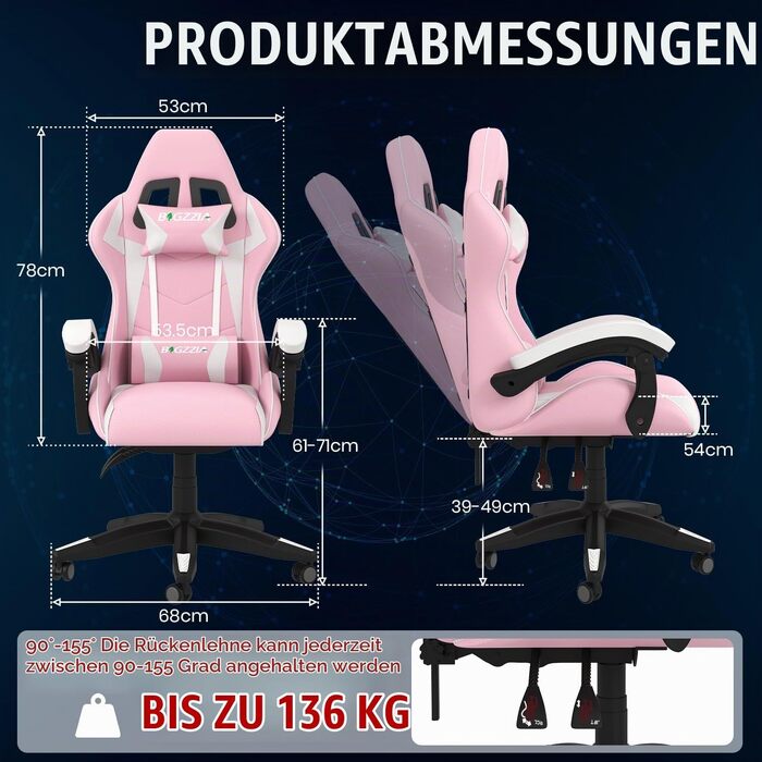 Ігрове крісло Bigzzia Gaming з підігрівом та регулюванням спинки 90-135°, рожеве