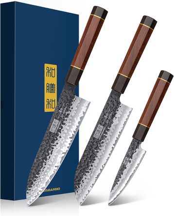 Японський ніж Kiritsuke HOSHANHO 23 см, професійний кухонний ніж з 9 шарів вуглецевої сталі, ніж шеф-кухаря, універсальний ніж у подарунковій коробці (набір ножів 3 шт.)