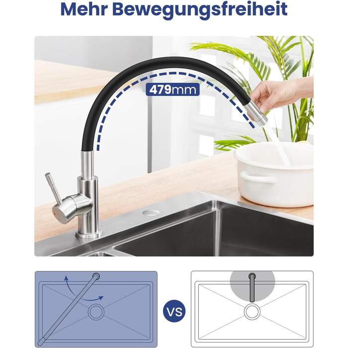 Чорний кухонний змішувач з гнучким виливом, 360° обертання, 2 режими струменя, нержавіюча сталь