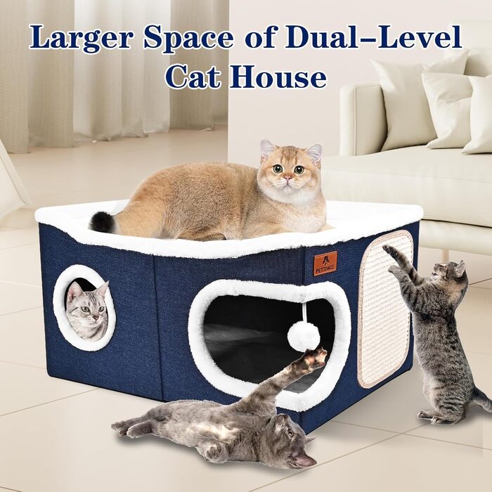 Кігтеточка-будиночок для котів з подушкою, блакитна, 60x43x32 см