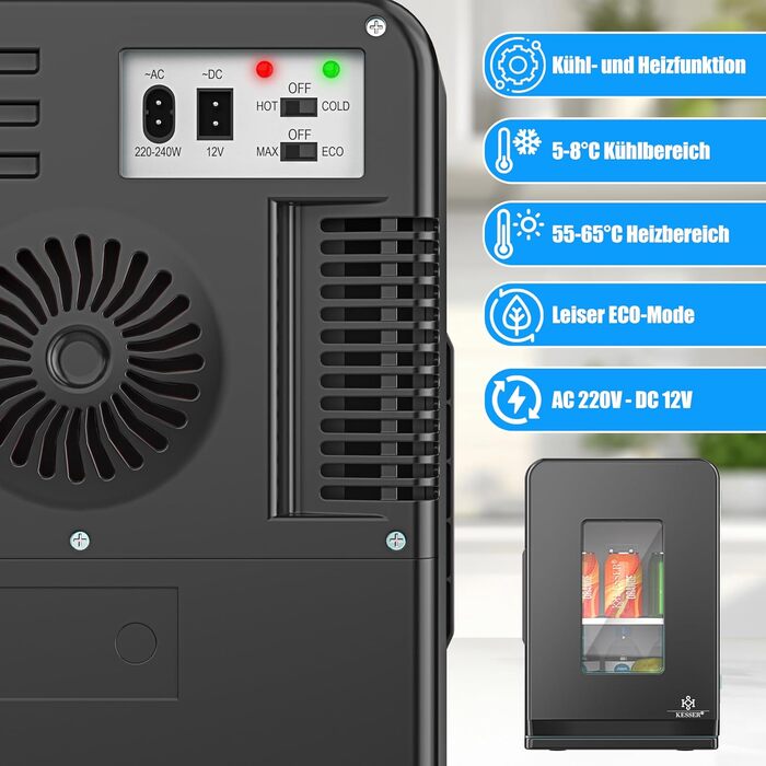 KESSER® Міні холодильник/термобокс 15L: охолодження та підігрів, портативний, 220-240V/12V, для авто, офісу, кемпінгу, чорний