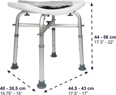 KMINA Shower Stool for Seniors - 150 kg Capacity, Double-Reinforced Crossbar, Cushion, Height Adjustable, Tool-Free Assembly - Made in Europe (White)