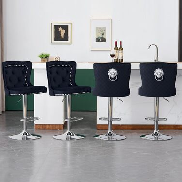 KHISCHMO Velvet Bar Stools 2-Pack - Modern Adjustable Kitchen Counter Barstools with Lion Paw Pulls - 360° Swivel, Black