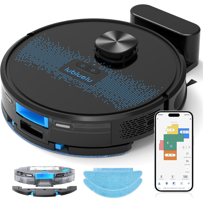 Робот-пилосос Lubluelu 3-в-1 з док-станцією, 4500Pa, функція миття, лазерна навігація, керування через додаток, для шерсті тварин, килимів, твердих підлог (блакитно-чорний)