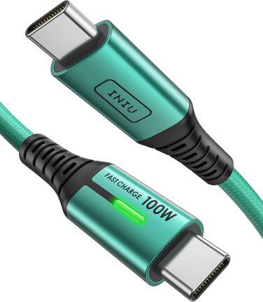 Кабель USB-C INIU 100W з підтримкою PD3.0, 2м, зелений. Сумісний з iPhone, Samsung, Pixel, iPad, MacBook. Нейлонова обплітання.