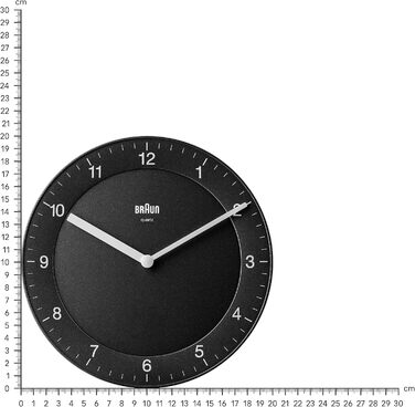 Braun Classic analog wall clock with quiet quartz movement, easy-to-read dial with a 20 cm diameter in black, model BC06B.
