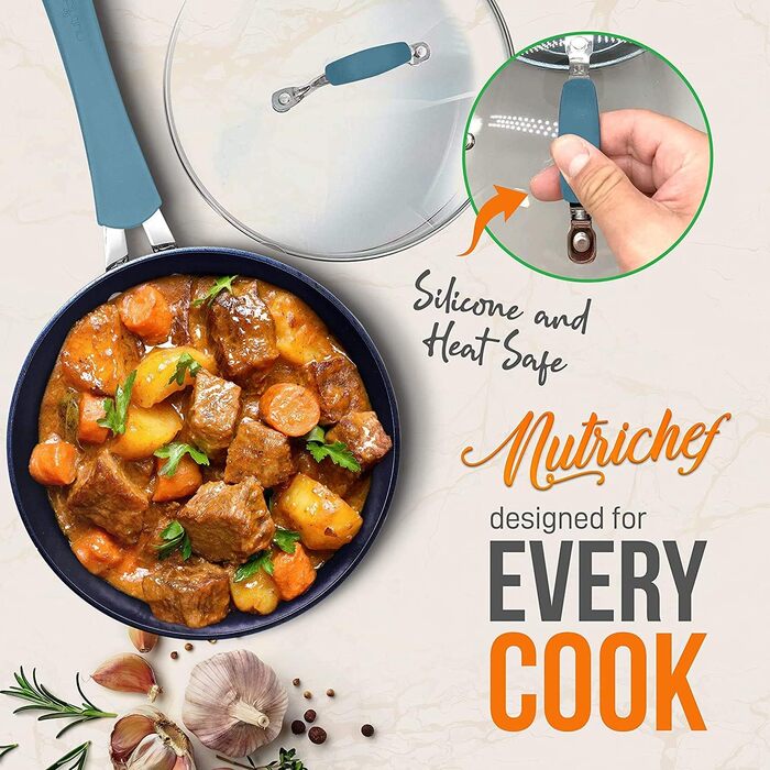 Набір посуду NutriChef Excilon 11 предметів: каструлі, сковорідки, ковшик та кухонне приладдя, без PTFE/PFOA/PFOS, синій