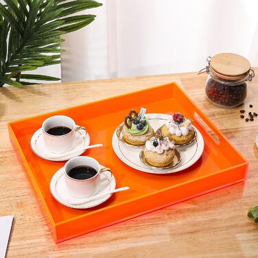 Large acrylic tray with handles, 43.2 x 33 cm, decorative serving platter for food, tea, dinner, snacks, meals, bar, party, neon orange