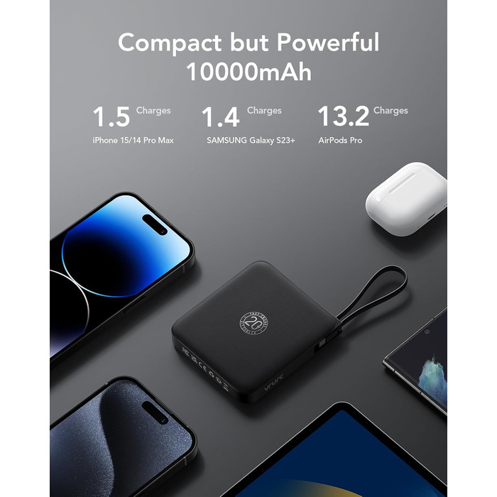 Power Bank VRURC 10000mAh з кабелем: компактний павербанк USB-C, швидка зарядка 22.5W, LED-дисплей, сумісний з iPhone, Huawei (зелений, чорний)