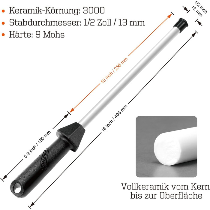118H Professional Ceramic Sharpening Rod Kitchen Knife Sharpening Rod with Break-Resistant Cap Built-in Angle Guide