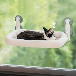 EWOOFUN Cat Hammock Window Perch 54x30cm Cat Bed Window Hanging Perch - Cat Window Lounger with Upgraded Strong Suction Cups up to 18kg (Beige, M-with Bed)