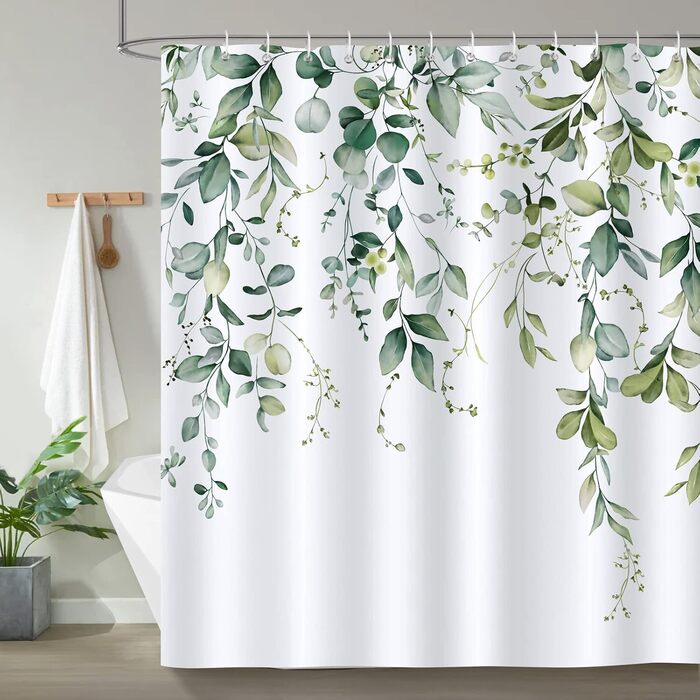 Шторка для душу Bonhause з зеленими листями, рослинний принт, 180 x 180 см, антигрибкова, водовідштовхувальна, поліестер, для ванної кімнати, з 12 гачками