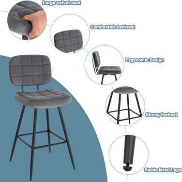 EUGAD Velvet & Metal Bar Stools 2-Pack - Padded Kitchen Counter Stools with Footrest & Backrest - Dark Gray