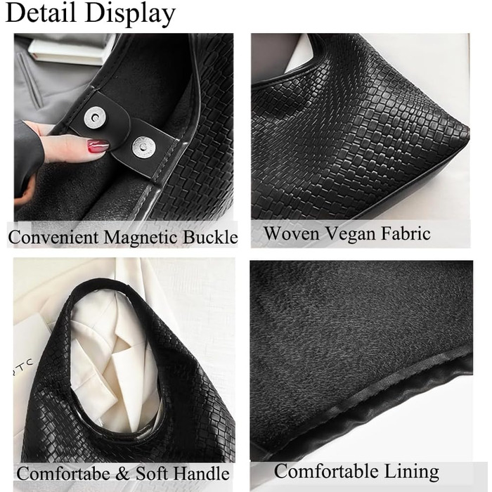 Жіноча сумка-хобо з екошкіри чорного кольору, великої місткості, плечова сумка з ручкою