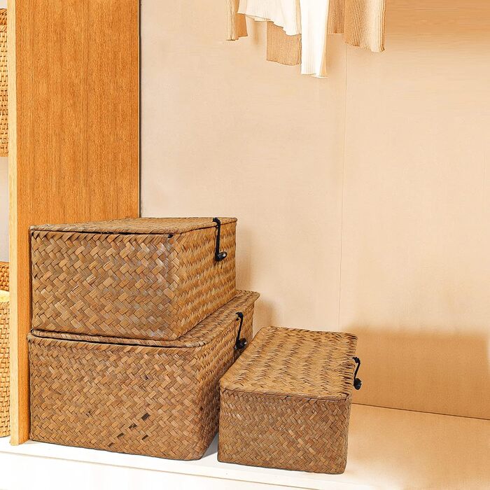 Woven Rattan Storage Basket, Storage Box with Lid, Seagrass, Laundry Baskets, Makeup Organizer for Bathroom, Living Room, Kitchen