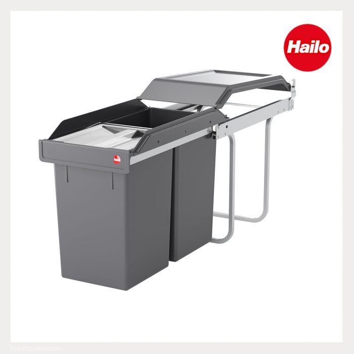 Відро для сміття Hailo Tandem 3650103 | Вбудований контейнер для сміття 2 секції, 50 мішків, для шаф від 300 мм, зручний висувний механізм, срібно-антрацитовий колір
