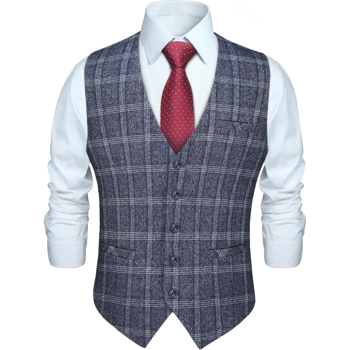 Чоловіча жилетка HISDERN в клітинку, формальна, класична, бавовна, для весілля, в клітку 'Галстук', під костюм, синього кольору