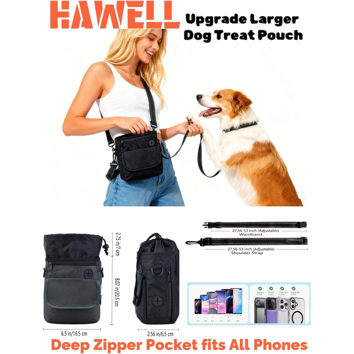 Водонепроникна сумка для ласощів для собак Hanwell з інтегрованим дозатором пакетів для екскрементів, сумка для дресирування собак на стегні та на плечі, чорна