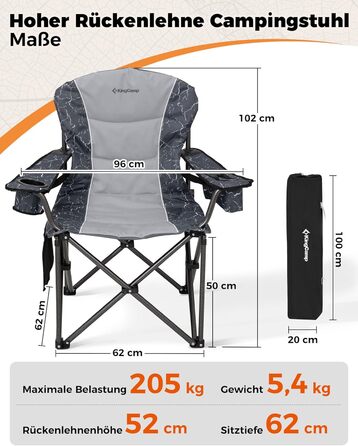 Крісло для кемпінгу KingCamp XXL, 205 кг, розкладне, з підлокітниками, регульованою спинкою, кишенею для охолодження та тримачем для напоїв, для риболовлі, сірий, 2 шт.